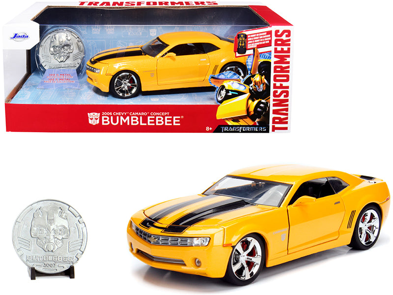 2006 Chevrolet Camaro Concept Yellow Bumblebee with Robot on Chassis and Collectible Metal Coin "Transformers" Movie 1/24