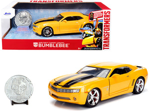 2006 Chevrolet Camaro Concept Yellow Bumblebee with Robot on Chassis and Collectible Metal Coin "Transformers" Movie 1/24