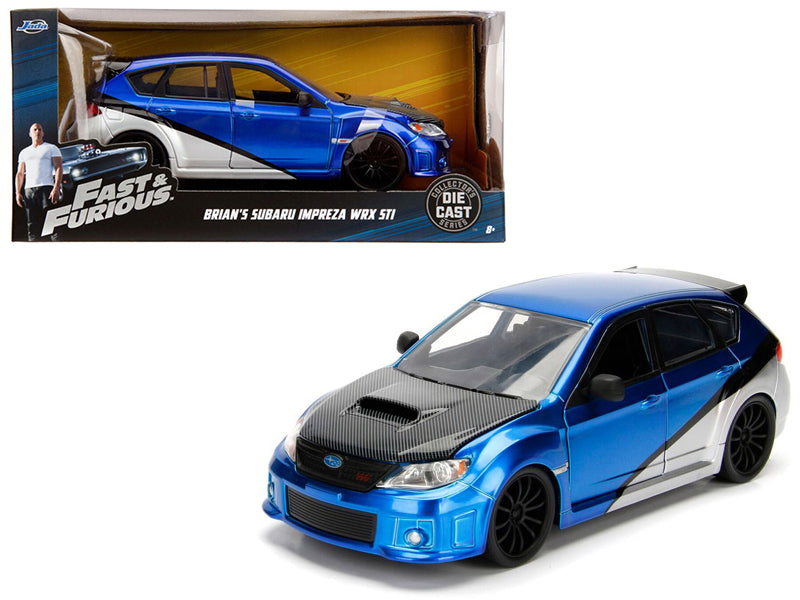 Brian's Subaru Impreza WRX STI Blue and Silver with Carbon Hood "Fast & Furious" Movie 1/24 Diecast Model Car by Jada —