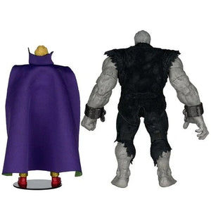 Two action figures, one with a purple cape and crown, the other in black attire, on a white background.