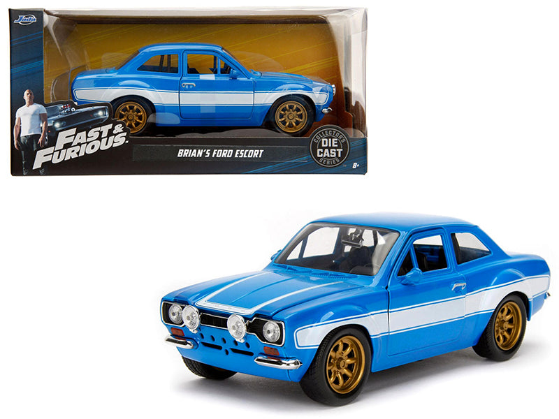 1970 Brian's Ford Escort Blue with White Stripes "Fast & Furious" Movie 1/24 Diecast Model Car by Jada — physical