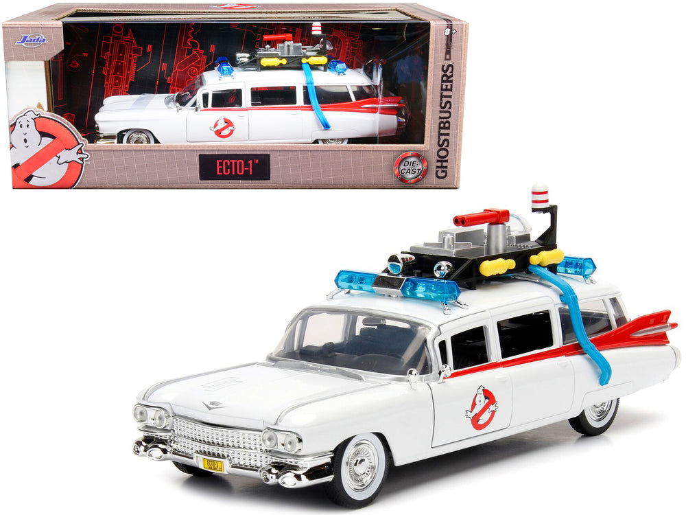 1959 Cadillac Ambulance Ecto-1 White "Ghostbusters" Movie "Hollywood Rides" Series 1/24 Diecast Model Car by Jada — physical