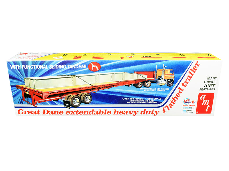 AMT - Skill 3 Model Kit Great Dane Extendable Heavy Duty Flat Bed Trailer with Functional Sliding Tandem 1/25 Scale Model —