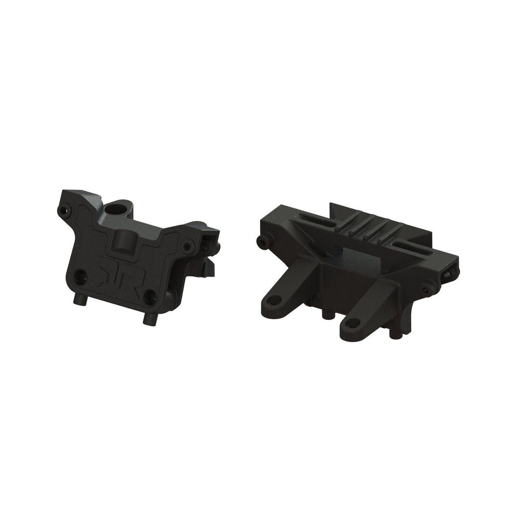 Arrma ARA-1546 Shock Tower Set Vorteks featuring durable black plastic construction for enhanced RC car suspension performance, designed for hobby enthusiasts and STEM learning.