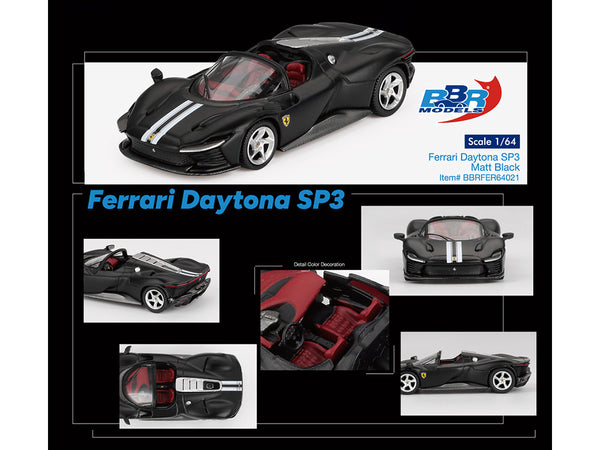BBR - Ferrari Daytona SP3 Matt Black with White Stripes and Red Interior 1/64 Diecast Model Car by BBR