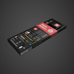 Make: Getting Started with Oxocard Connect - PDF showing an advanced electronics and STEM learning kit in a black and red box, designed to inspire hands-on creative problem solving for hobbyists and families, offered by a veteran-owned business with a STEM-focused mission.