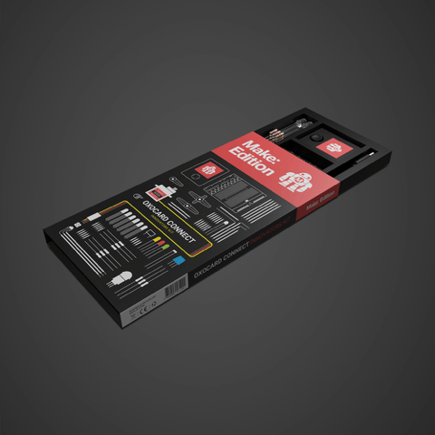 Make: Getting Started with Oxocard Connect - PDF showing an advanced electronics and STEM learning kit in a black and red box, designed to inspire hands-on creative problem solving for hobbyists and families, offered by a veteran-owned business with a STEM-focused mission.