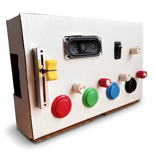 The Boxytone Synth Kit featuring a DIY electronic synth with colorful buttons, slider control, speaker, and power switch, designed for hands-on STEM learning and creative exploration.