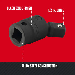 Socket tool with black oxide finish and 1/2 inch drive on a red background