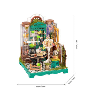 Echo Six Hobbies Robotime Rolife Potions Workshop DS057 DIY miniature house — assembled size diagram