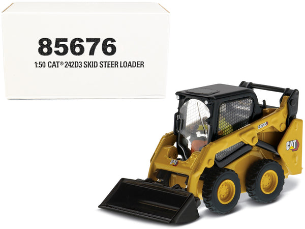 CAT Caterpillar 242D3 Wheeled Skid Steer Loader with Work Tools and Operator Yellow "High Line Series" 1/50 Diecast Model by Diecast Masters — Echo Six Hobbies, view 1