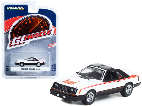 1981 Ford Mustang Cobra Polar White and Black with Red Stripes "Greenlight Muscle" Series 27 1/64 Diecast Model Car by Greenlight — Echo Six Hobbies, view 1