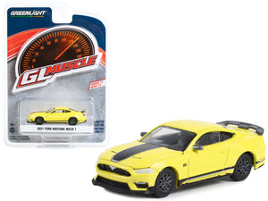 2021 Ford Mustang Mach 1 Grabber Yellow with Black Stripes "Greenlight Muscle" Series 27 1/64 Diecast Model Car by Greenlight — Echo Six Hobbies, view 1