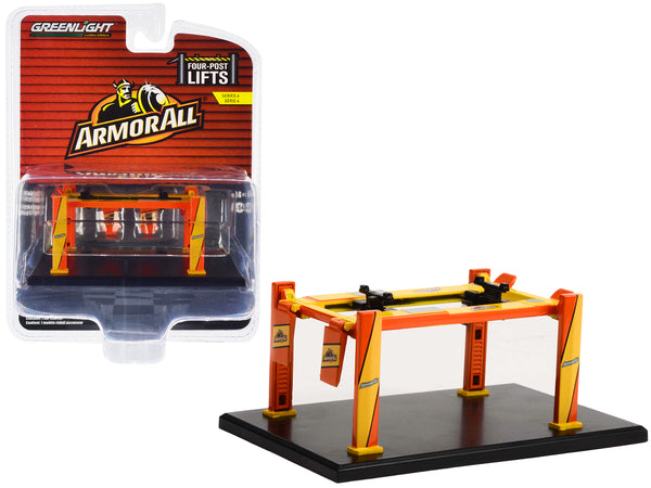 Adjustable Four-Post Lift "ArmorAll" Orange and Yellow "Four-Post Lifts" Series 4 1/64 Diecast Model by Greenlight — Echo Six Hobbies, view 1