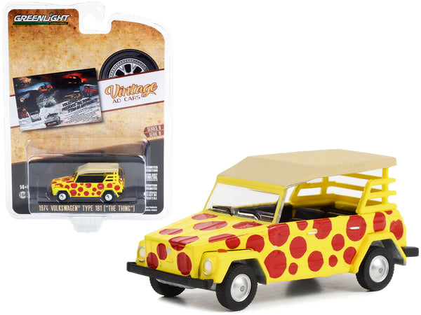 1974 Volkswagen Thing Type 181 Yellow with Red Polka Dots "Volkswagen Presents The Thing. It Can Be Anything!!!" "Vintage Ad Cars" Series 8 1/64 Diecast Model Car by Greenlight — Echo Six Hobbies, view 1