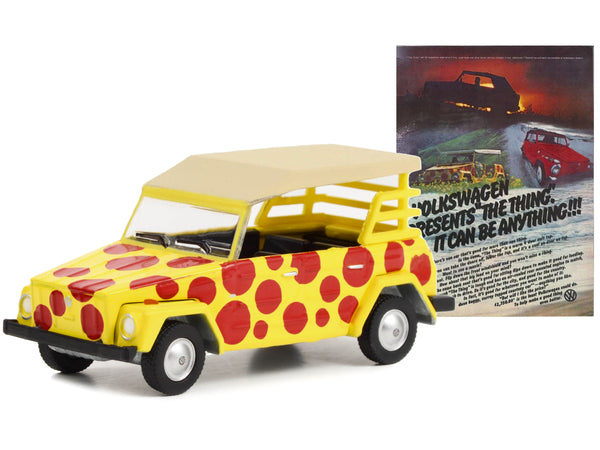 1974 Volkswagen Thing Type 181 Yellow with Red Polka Dots "Volkswagen Presents The Thing. It Can Be Anything!!!" "Vintage Ad Cars" Series 8 1/64 Diecast Model Car by Greenlight — Echo Six Hobbies, view 2