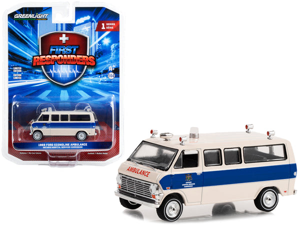 1969 Ford Econoline Ambulance Beige with Blue Stripes "Ontario Hospital Services Commission Ontario Canada" "First Responders" Series 1 1/64 Diecast Model Car by Greenlight — Echo Six Hobbies, view 1
