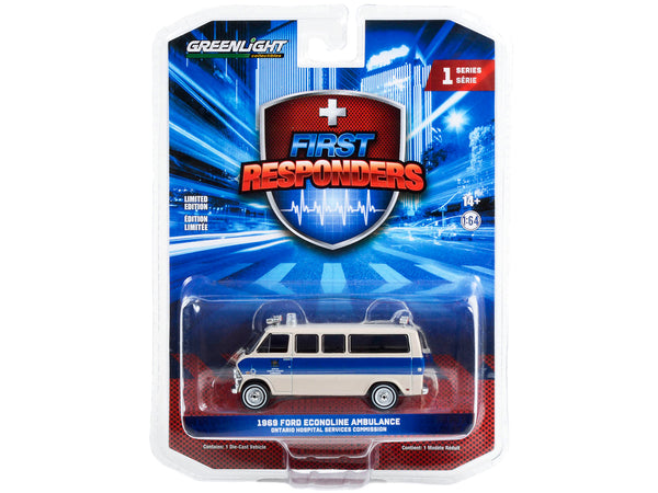 1969 Ford Econoline Ambulance Beige with Blue Stripes "Ontario Hospital Services Commission Ontario Canada" "First Responders" Series 1 1/64 Diecast Model Car by Greenlight — Echo Six Hobbies, view 3