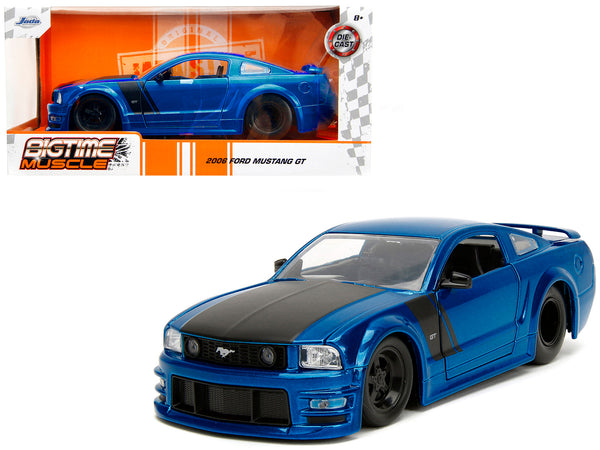 2006 Ford Mustang GT Blue Metallic with Matt Black Hood and Stripes "Bigtime Muscle" Series 1/24 Diecast Model Car by Jada — Echo Six Hobbies, view 1