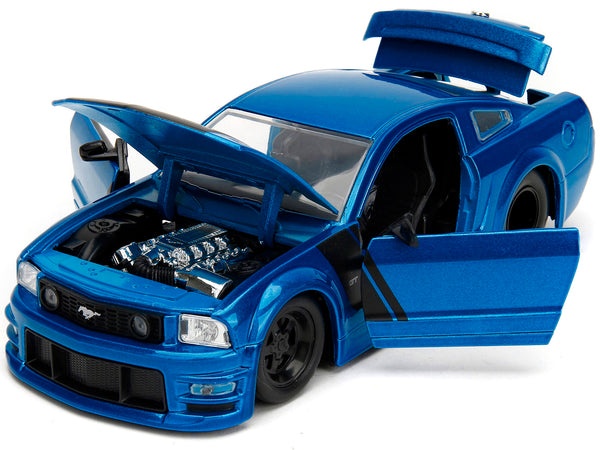 2006 Ford Mustang GT Blue Metallic with Matt Black Hood and Stripes "Bigtime Muscle" Series 1/24 Diecast Model Car by Jada — Echo Six Hobbies, view 2