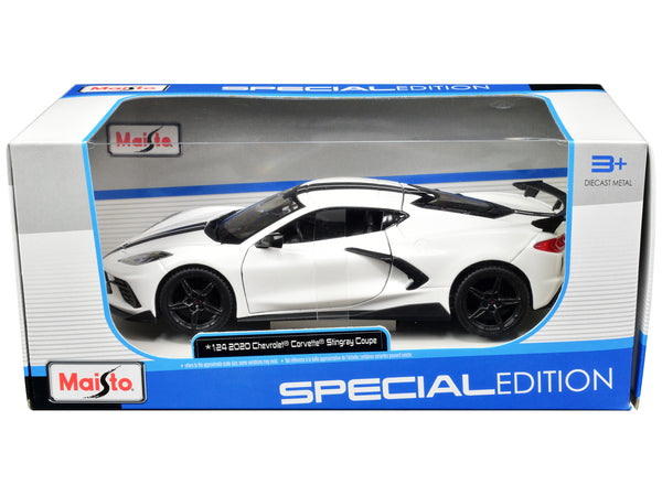 2020 Chevrolet Corvette Stingray Coupe White with Black Stripes "Special Edition" Series 1/24 Diecast Model Car by Maisto — Echo Six Hobbies, view 1