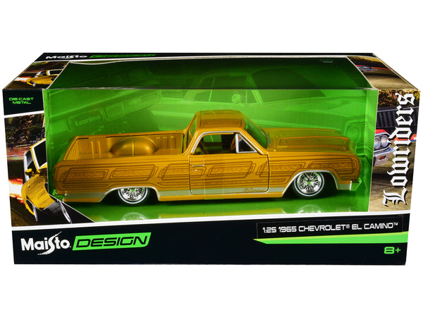 1965 Chevrolet El Camino Lowrider Gold Metallic with Graphics "Lowriders" Series 1/25 Diecast Model Car by Maisto — Echo Six Hobbies, view 1