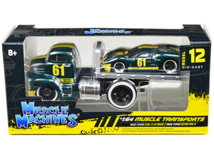 1950 Ford COE Flatbed Truck #61 and 1966 Ford GT40 MK II #61 Green Metallic with Yellow Stripes "Muscle Transports" Series 1/64 Diecast Model Cars by Muscle Machines — Echo Six Hobbies, view 1
