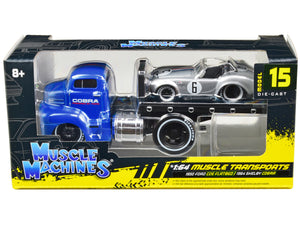 1950 Ford COE Flatbed Truck Blue "Cobra Powered by Ford" and 1964 Shelby Cobra #6 Silver Metallic with Stripes "Muscle Transports" Series 1/64 Diecast Model Cars by Muscle Machines — Echo Six Hobbies, view 1