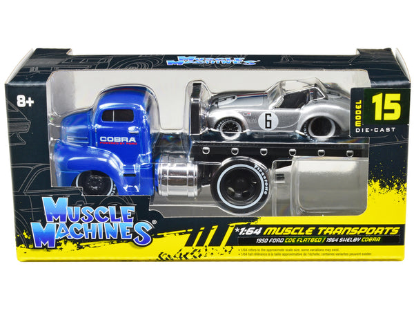 1950 Ford COE Flatbed Truck Blue "Cobra Powered by Ford" and 1964 Shelby Cobra #6 Silver Metallic with Stripes "Muscle Transports" Series 1/64 Diecast Model Cars by Muscle Machines — Echo Six Hobbies, view 1