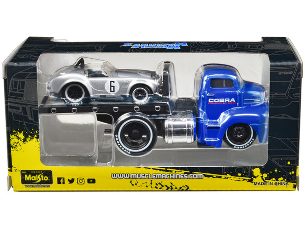1950 Ford COE Flatbed Truck Blue "Cobra Powered by Ford" and 1964 Shelby Cobra #6 Silver Metallic with Stripes "Muscle Transports" Series 1/64 Diecast Model Cars by Muscle Machines — Echo Six Hobbies, view 2