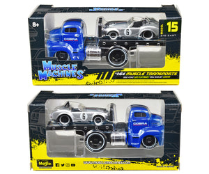 1950 Ford COE Flatbed Truck Blue "Cobra Powered by Ford" and 1964 Shelby Cobra #6 Silver Metallic with Stripes "Muscle Transports" Series 1/64 Diecast Model Cars by Muscle Machines — Echo Six Hobbies, view 3