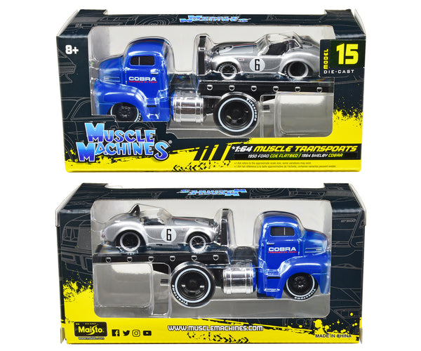 1950 Ford COE Flatbed Truck Blue "Cobra Powered by Ford" and 1964 Shelby Cobra #6 Silver Metallic with Stripes "Muscle Transports" Series 1/64 Diecast Model Cars by Muscle Machines — Echo Six Hobbies, view 3