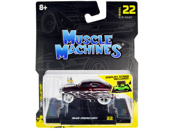 1949 Mercury Custom Coupe Dark Red Metallic with Flames 1/64 Diecast Model Car by Muscle Machines — Echo Six Hobbies, view 1