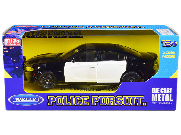 2016 Dodge Charger Pursuit Police Interceptor Black and White Unmarked "Police Pursuit" Series 1/24 Diecast Model Car by Welly — Echo Six Hobbies, view 1