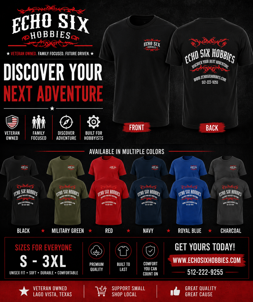 Black t-shirt with Echo Six Hobbies branding on front and back, displayed against a dark background with promotional text.