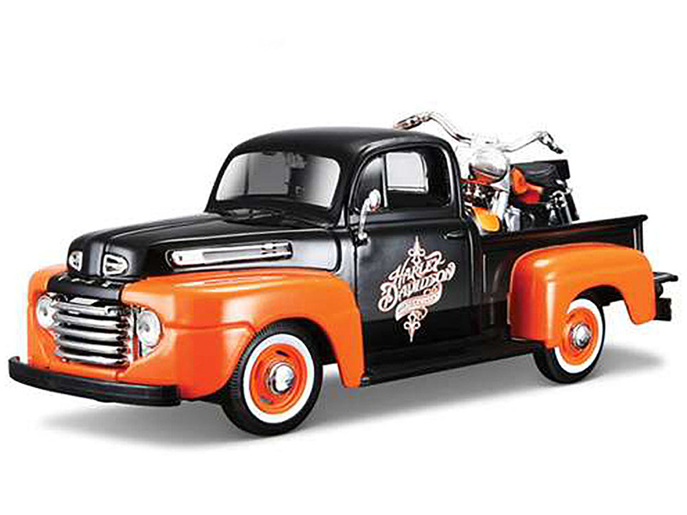 1948 Ford F-1 Pickup Truck with 1958 Harley Davidson FLH Duo Glide Motorcycle Orange and Black 1/24 Diecast Models by Maisto