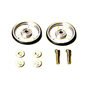 Tamiya Two small wheels with axles and screws on a white background