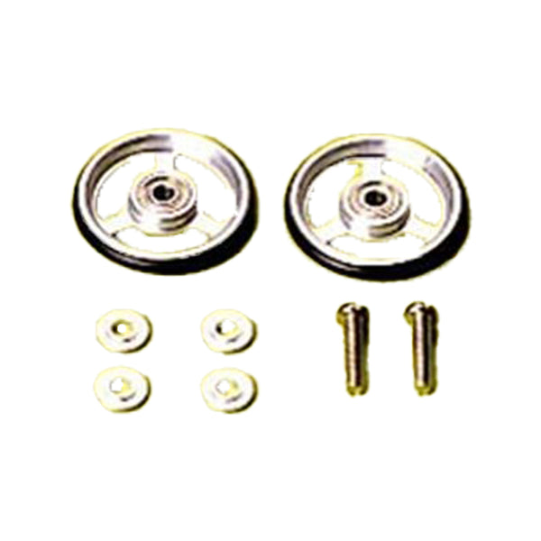 Tamiya Two small wheels with axles and screws on a white background