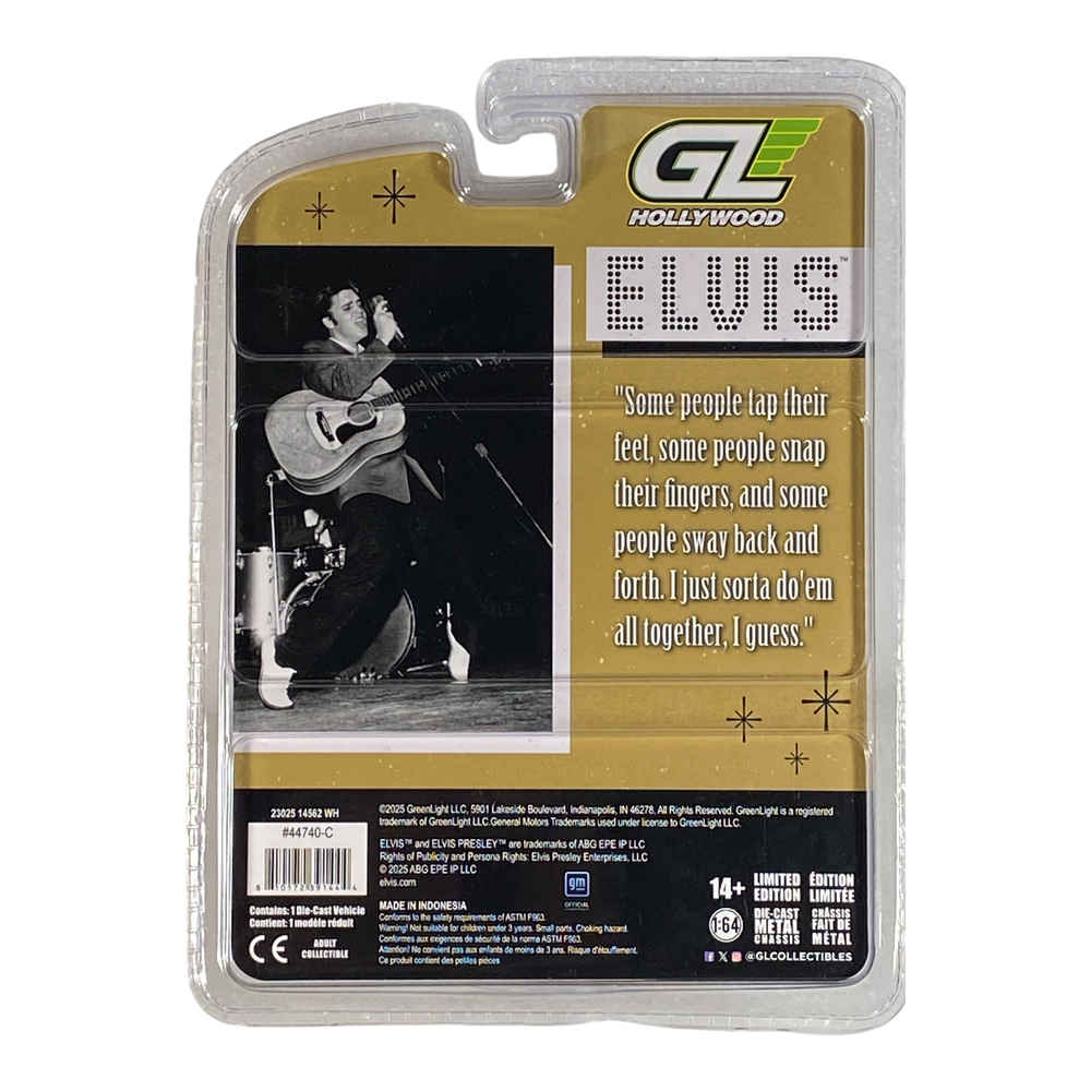 Model car packaging featuring Elvis Presley and a 1955 Cadillac Fleetwood Series 60, with GL Hollywood branding.