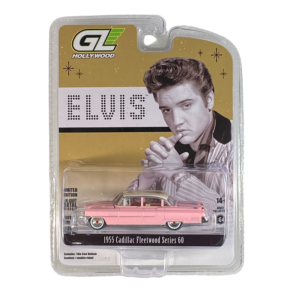 Model car packaging featuring Elvis Presley and a 1955 Cadillac Fleetwood Series 60, with GL Hollywood branding.