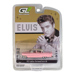 Model car packaging featuring Elvis Presley and a 1955 Cadillac Fleetwood Series 60, with GL Hollywood branding.