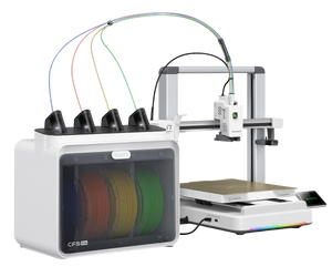 Echo Six Hobbies Creality SPARKX i7 3D printer with CFS Lite filament box holding four colored spools, tubes feeding the toolhead