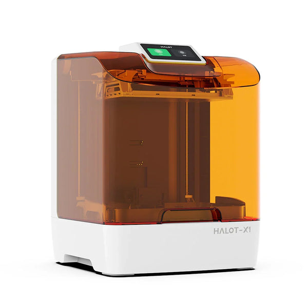 Echo Six Hobbies Creality HALOT-X1 resin 3D printer with orange transparent cover closed and a top-mounted touchscreen on a white base