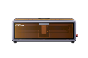 Echo Six Hobbies Creality Falcon A1 enclosed laser engraver, front view with orange tinted window and red emergency stop button