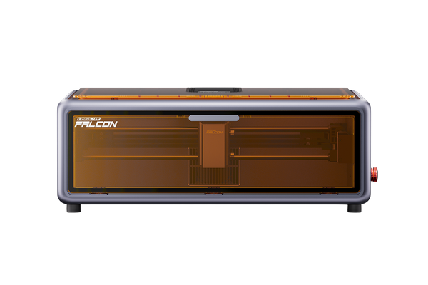 Echo Six Hobbies Creality Falcon A1 enclosed laser engraver, front view with orange tinted window and red emergency stop button