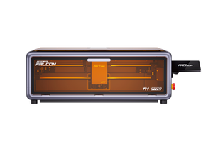Echo Six Hobbies Creality Falcon A1 Pro 20W laser engraver front view with orange enclosure window, emergency stop button and side touchscreen