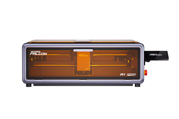 Echo Six Hobbies Creality Falcon A1 Pro 20W laser engraver front view with orange enclosure window, emergency stop button and side touchscreen