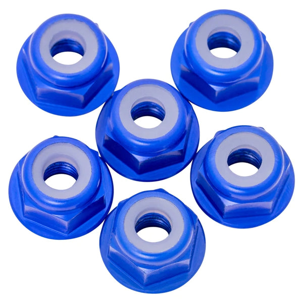 Echo Six Hobbies 1UP Racing 7075 aluminum M3 flanged locknuts, Dark Blue, 6-piece set.