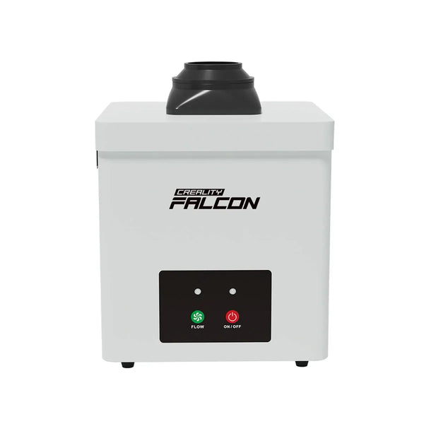 Echo Six Hobbies Creality Falcon desktop smoke purifier in white, front view with black intake nozzle on top and flow and on/off buttons