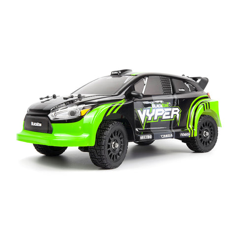 Echo Six Hobbies – BlackZon Vyper RX 1/16 green and black 4WD rally car, front three-quarter view
